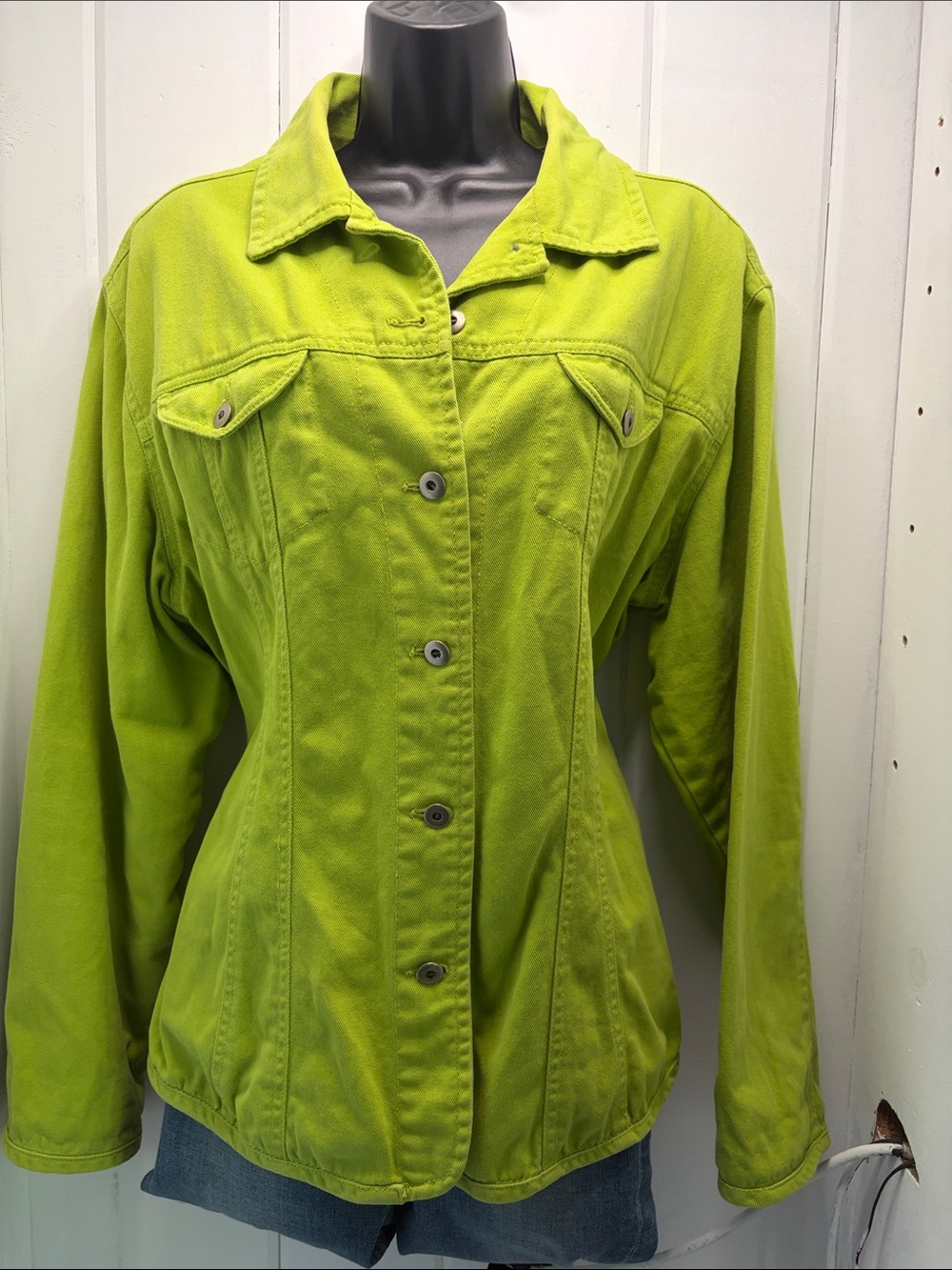Chico's Chartreuse Green Denim Jacket XL Lightweight Top Pockets Coat Size 3